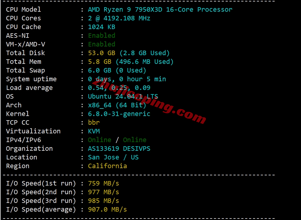 desivps怎么样？圣何塞AMD Ryzen系列VPS测评（性能强，流媒体解锁不错）